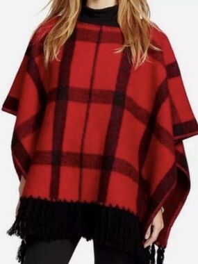 Polo by Ralph Lauren Red and Black Plaid Fringe Poncho Cape